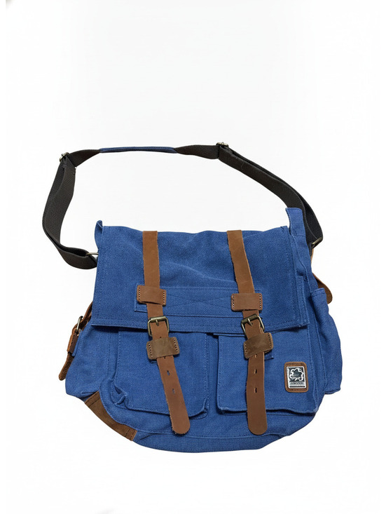Handbags - Sechunk Messenger Bag Blue Denim Canvas with Brown Leather Trim Aged Hardware
